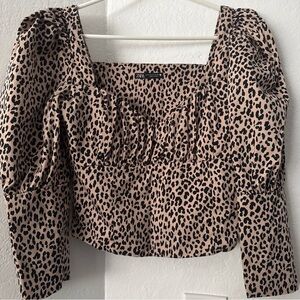 Zara Cheetah Leopard Print Cropped Puff Sleeve Blouse Sz Medium